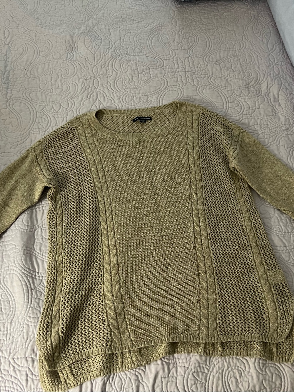 American Eagle Outfitters Olive Cable & Openwork Crew Sweater